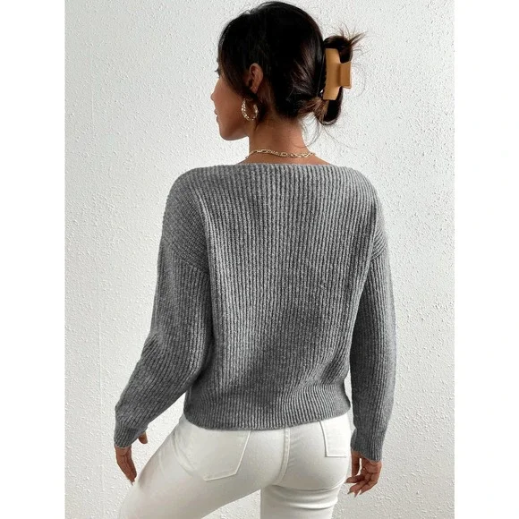 Pearl Beaded Drop Shoulder Cross Wrap Sweater gray - Picture 2 of 4